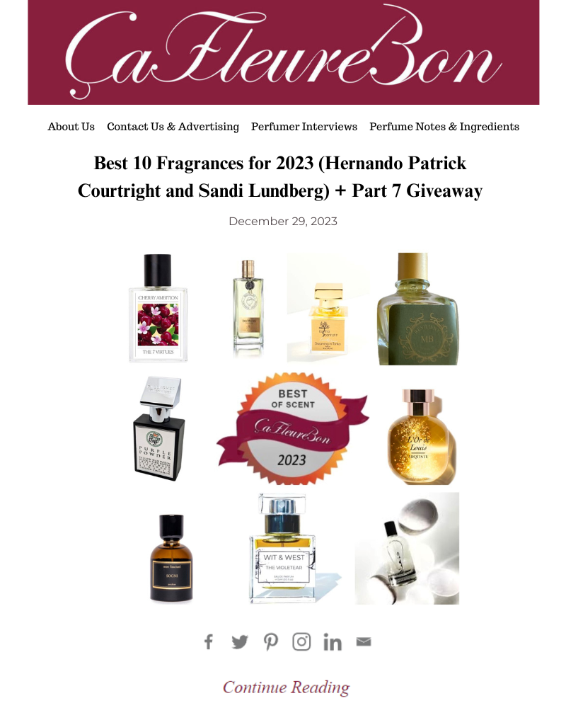 ÇaFleureBon: Top 10 Perfumes of 2023 by Hernando Patrick Courtright and Sandi Lundberg, featuring Wit & West Perfumes