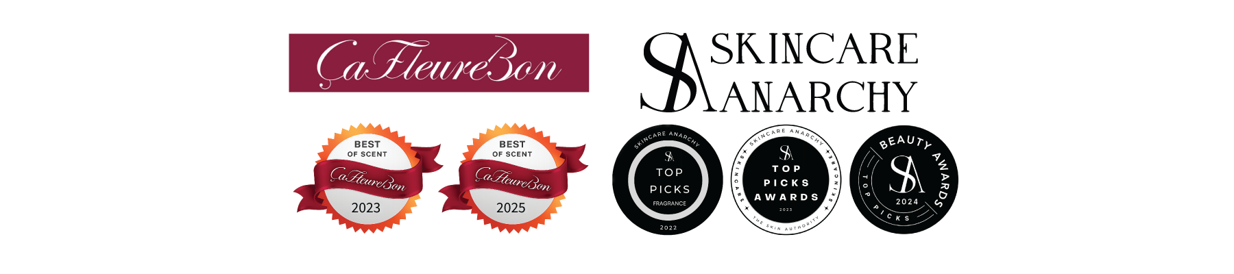 Award logos recognizing Wit & West Perfumes, including CaFleureBon awards from 2023 and 2025 and Skincare Anarchy awards from 2022, 2023, and 2024.