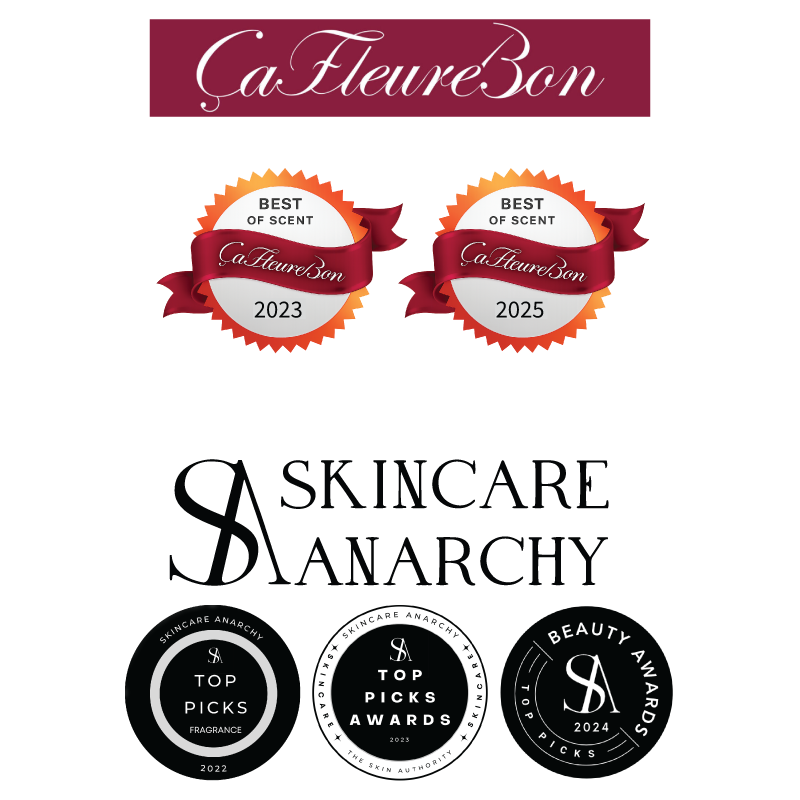 Award logos recognizing Wit & West Perfumes, including CaFleureBon awards from 2023 and 2025 and Skincare Anarchy awards from 2022, 2023, and 2024.